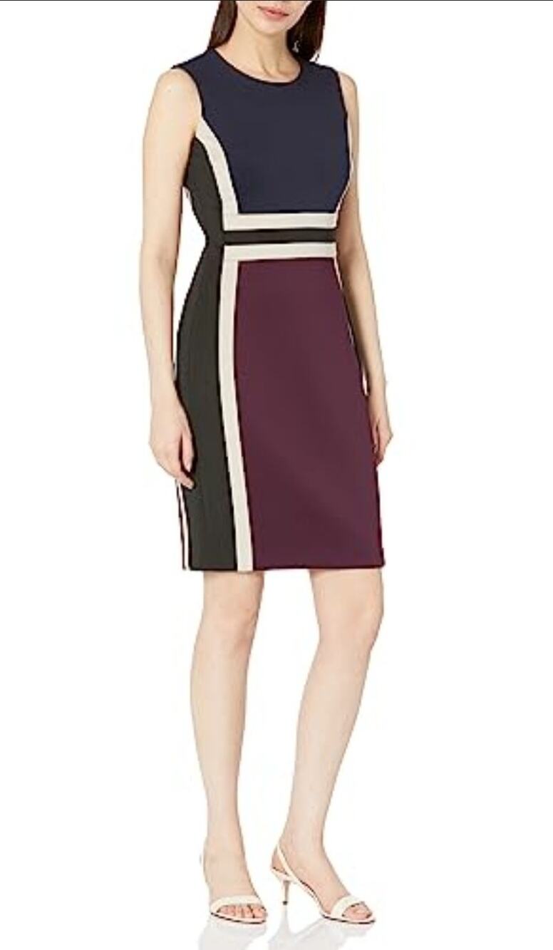 CALVIN KLEIN Women's Stretch Ponte Colorblock Sheath Dress Blue Burgundy Size 6